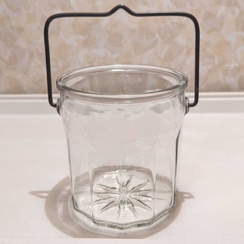 Thick Clear Glass Hanging Jar with Metal Handle & Starburst Bottom